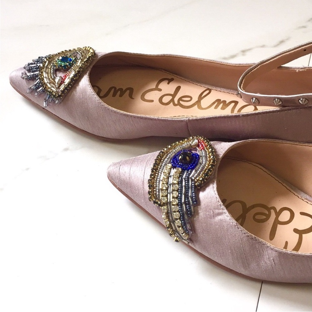Grey silk Sam Edelman “Evil Eye” flats.